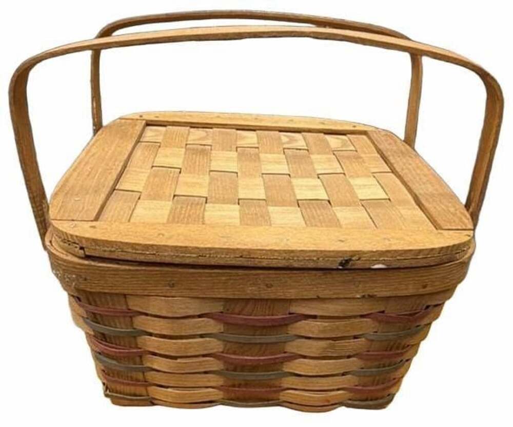 Longaberger Woven Picnic Basket with Hinged Wooden Lid